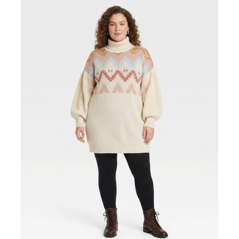 New SO size XXL Cream Boho Print Turtle Neck Puff Sleeve Tunic Sweater Cozy